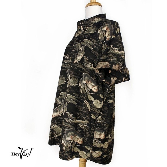 Vintage Mens RedHead Hawaiian Shirt Black Cotton Fishing Theme Size XL - Hey Viv - Picture 2 of 7